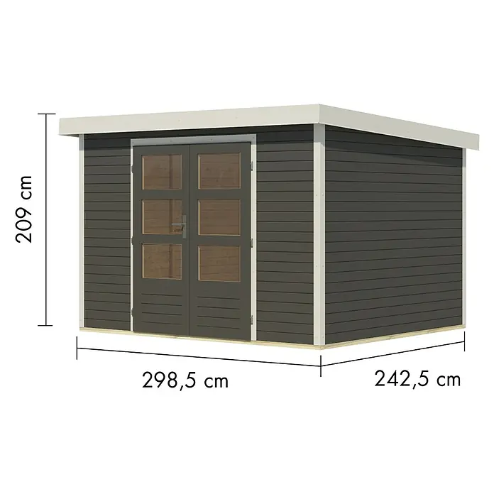 Karibu Gartenhaus Jupiter 5 B - Außenmaß inkl. Dachüberstand (B x T): 320,5 x 266,5 cm, Holz, Terragrau/Weiß - Dunkelgraues Gartenhaus mit weißem Rahmen, hellem Holzsockel und Doppeltür mit Glas. Maße: H 209 cm, B 298,5 cm, T 242,5 cm.