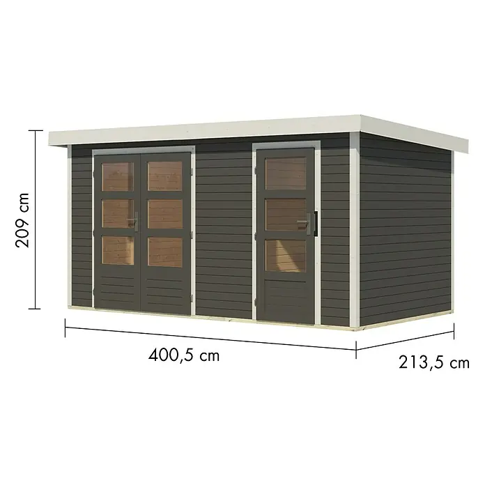Karibu Gartenhaus Merkur B - Außenmaß inkl. Dachüberstand (B x T): 431,5 x 235 cm, Holz, Terragrau/Weiß - Dunkelgraues Gartenhaus mit weißem Rahmen, Doppeltür und Einzeltür mit Fenstern. Maße: 209 cm H, 400,5 cm B, 213,5 cm T.