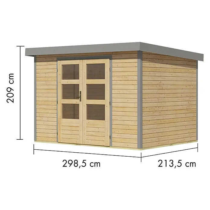 Karibu Gartenhaus Jupiter 4 A - Außenmaß inkl. Dachüberstand (B x T): 322 x 236,5 cm, Holz, Naturbelassen/Grau - Gartenhaus aus hellem Holz mit doppelten Glastüren, flachem grauem Dach und grauen Eckleisten, für den Außenbereich.