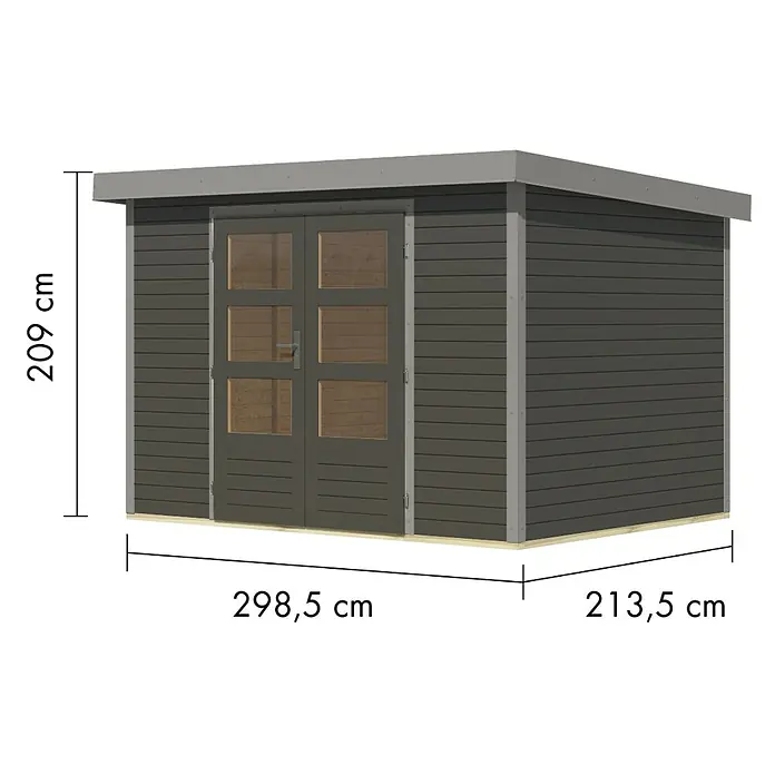 Karibu Gartenhaus Jupiter 4 B - Außenmaß inkl. Dachüberstand (B x T): 322 x 236,5 cm, Holz, Terragrau/Grau - Dunkelgraues Gartenhaus aus Holz mit Doppeltür, Flachdach und Maßen.