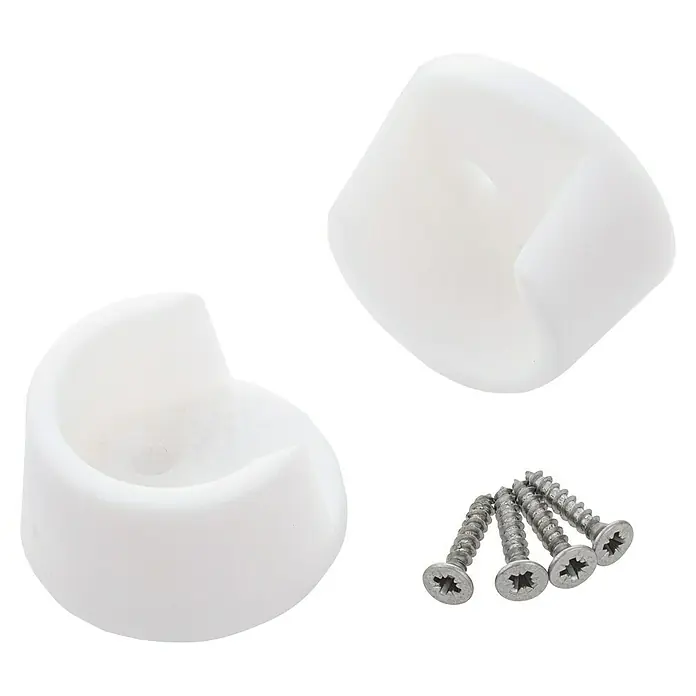 Suki Kleiderstangenlager - L x B x H: 12 x 26 x 15 mm, Durchmesser Zylinder: 18 mm, Kunststoff - Zwei weiße Kunststoff-Rohrhalterungen und vier silberne Schrauben, die zur Befestigung von Rohren dienen.