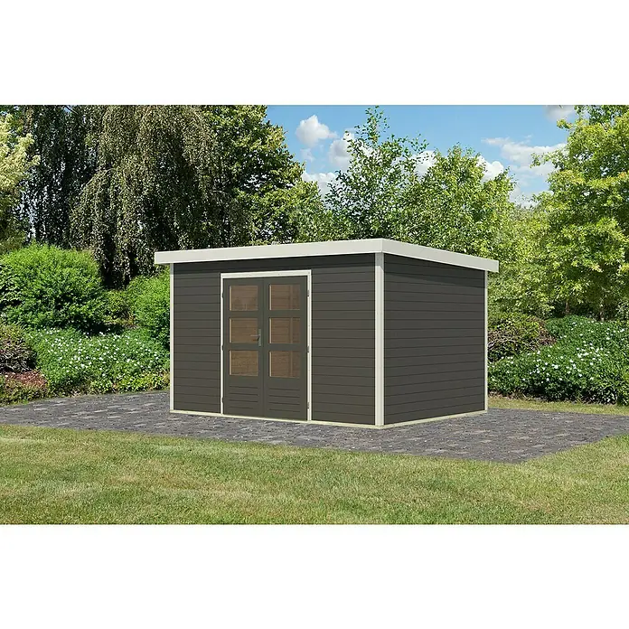 Karibu Gartenhaus Pluto 7 B - Außenmaß inkl. Dachüberstand (B x T): 390 x 273 cm, Holz, Terragrau/Weiß - Modernes Gartenhaus mit grauen Wänden, weißem Rand und Doppeltür mit Glasfenstern auf Pflastersteinen im Garten.
