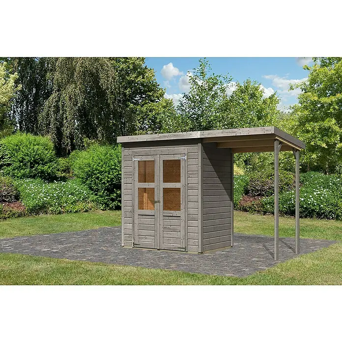 Karibu Gartenhaus Merseburg 2 - Außenmaß inkl. Dachüberstand (B x T): 329 x 142 cm, Holz, Vorvergraut, Mit Seitendach - Ein modernes Gartenhaus mit praktischem Vordach. Ideal zur Aufbewahrung von Gartengeräten und -möbeln, schützt vor Witterungseinflüssen.