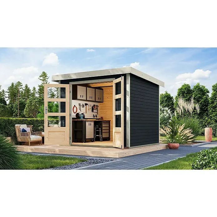 Karibu Gartenhaus Jupiter 3 C - Außenmaß inkl. Dachüberstand (B x T): 266 x 236,5 cm, Holz, Anthrazit/Weiß - Diese Abbildung zeigt ein modernes Gartenhaus mit geöffneten Holztüren, das einen Einblick in eine Werkstatt mit Werkzeugen bietet.