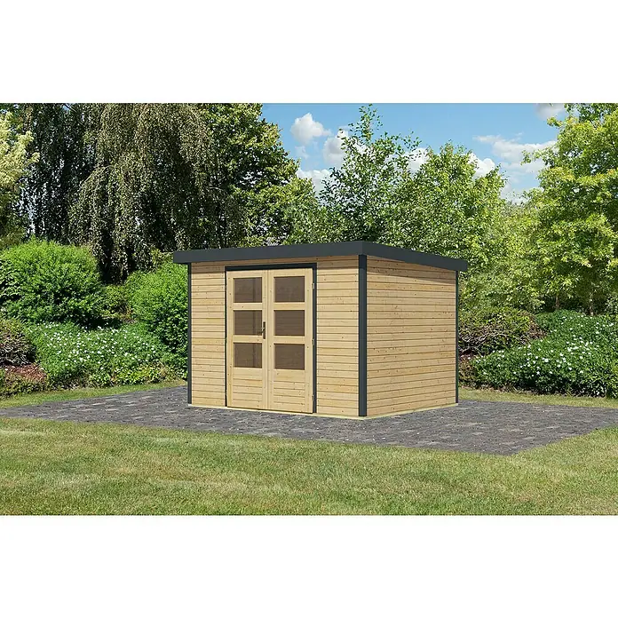 Karibu Gartenhaus Jupiter 4 A - Außenmaß inkl. Dachüberstand (B x T): 322 x 236,5 cm, Holz, Naturbelassen/Anthrazit - Ein modernes Gartenhaus mit Doppeltür und grauem Dach, umgeben von Grünflächen und Steinboden.