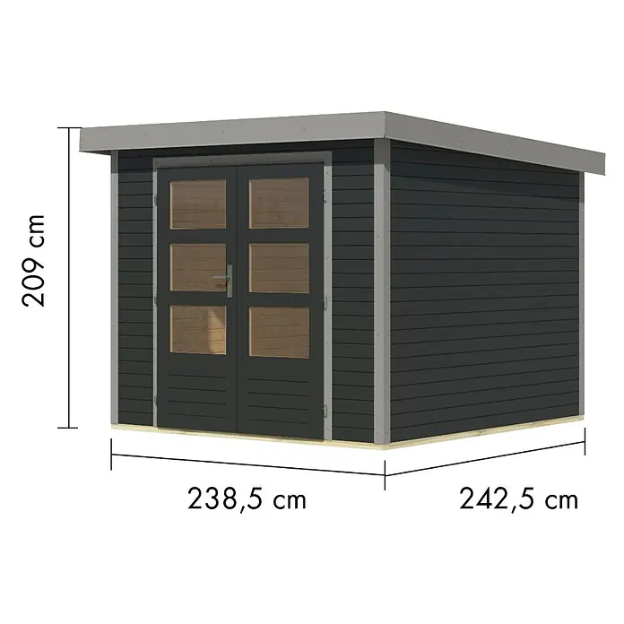 Karibu Gartenhaus Jupiter 3,5 C - Außenmaß inkl. Dachüberstand (B x T): 266 x 266,5 cm, Holz, Anthrazit/Grau - Dunkelgraues Gartenhaus mit Pultdach und Doppeltür, 209x238,5x242,5 cm.
