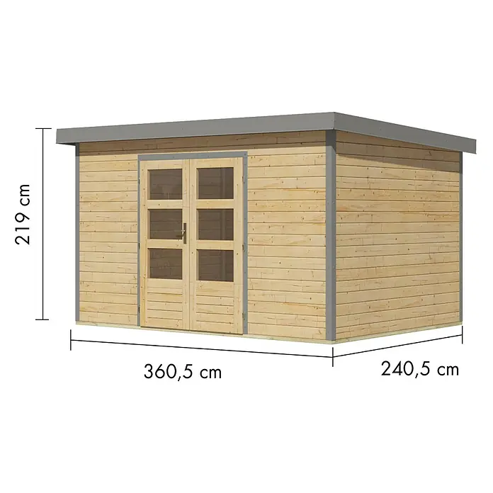 Karibu Gartenhaus Pluto 7 A - Außenmaß inkl. Dachüberstand (B x T): 390 x 273 cm, Holz, Naturbelassen/Grau - Gartenhaus aus Holz mit grauem Dach und Zierleisten, Doppeltüren mit Fenstern. Maße: 219 cm H, 360,5 cm B, 240,5 cm T.