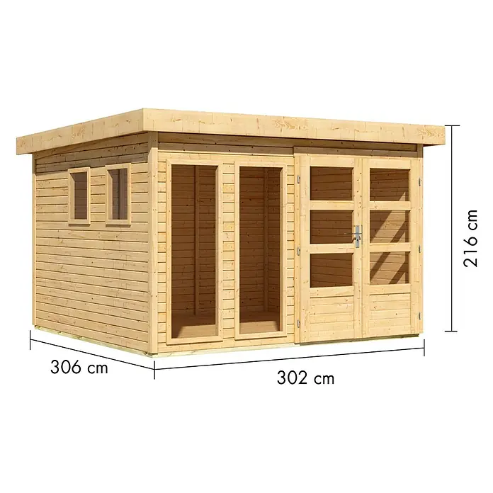 Karibu Gartenhaus Lahar 6 - Außenmaß inkl. Dachüberstand (B x T): 334 x 331 cm, Holz, Naturbelassen, Ohne Seitendach - Helles Gartenhaus aus Holz mit Flachdach, zwei Fenstern und Doppeltüren. Maße: 302x306x216 cm.