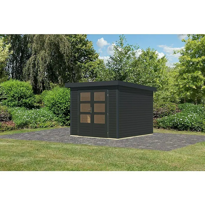 Karibu Gartenhaus Jupiter 3,5 C - Außenmaß inkl. Dachüberstand (B x T): 266 x 266,5 cm, Holz, Anthrazit - Abbildung eines modernen, grauen Gartenhauses mit Doppeltür und Fenstern, eingebettet in eine grüne Gartenlandschaft mit Bäumen und Büschen.