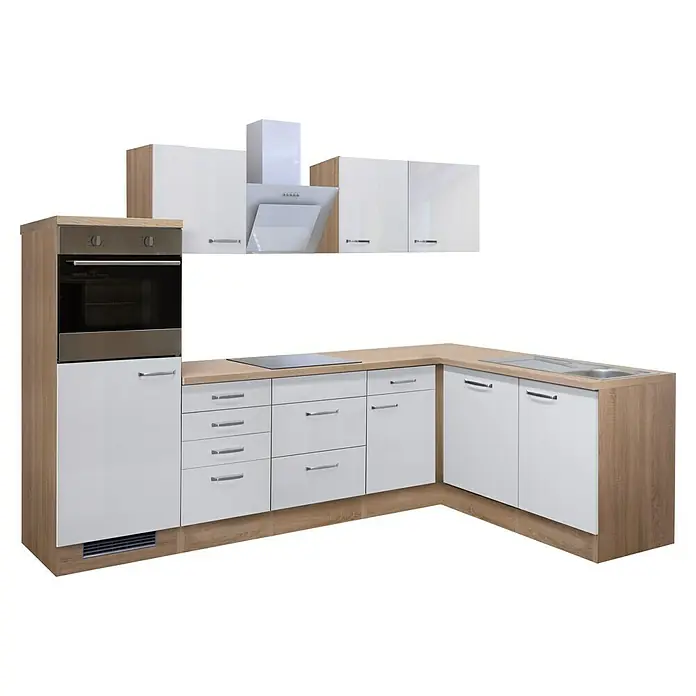 Flex-Well Valero Winkelküche - 170 x 280 cm, Weiß, Mit Elektrogeräten - Einbauküche in Weiß und Holzoptik mit Edelstahl-Backofen, Dunstabzugshaube und Spüle für ein modernes Küchendesign.\n