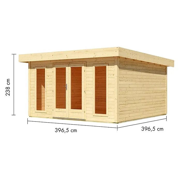 Karibu Gartenhaus Lotus - Außenmaß inkl. Dachüberstand (B x T): 440 x 442 cm, Holz, Naturbelassen - Gartenhaus aus hellem Holz mit Flachdach und verglasten Türen/Fenstern, Maße 238x396,5x396,5 cm.