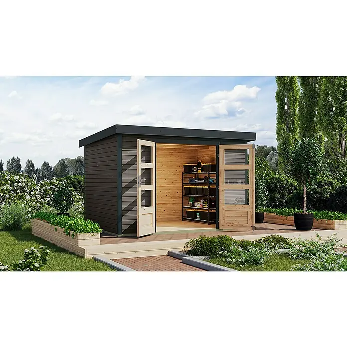 Karibu Gartenhaus Jupiter 4 B - Außenmaß inkl. Dachüberstand (B x T): 322 x 236,5 cm, Holz, Terragrau/Anthrazit - Eine moderne Gartenhütte mit Doppeltür steht offen und gibt den Blick auf das Innere mit Regalen und Werkzeugen frei.