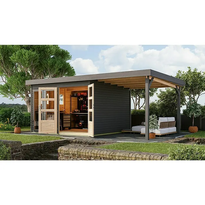 Karibu Gartenhaus Lahar 6 - Außenmaß inkl. Dachüberstand (B x T): 554 x 331 cm, Holz, Terragrau, Mit Seitendach - Das Bild zeigt ein modernes Gartenhaus mit Werkstattbereich und überdachter Terrasse, ideal für Hobbyhandwerker und Gartenliebhaber.