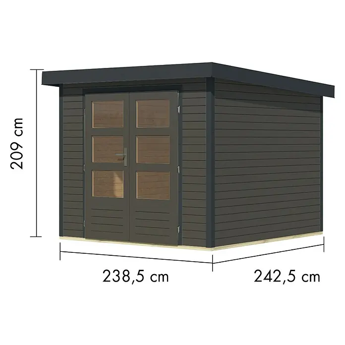 Karibu Gartenhaus Jupiter 3,5 B - Außenmaß inkl. Dachüberstand (B x T): 266 x 266,5 cm, Holz, Terragrau/Anthrazit - Dunkelgraues Gartenhaus mit Flachdach und Doppeltür mit Fenstern. Maße: 209 cm H x 238,5 cm B x 242,5 cm T.