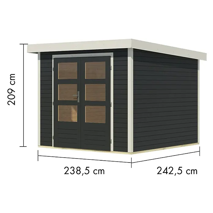 Karibu Gartenhaus Jupiter 3,5 C - Außenmaß inkl. Dachüberstand (B x T): 266 x 266,5 cm, Holz, Anthrazit/Weiß - Dunkelgraues Gartenhaus mit Doppeltür und Fenstern. Maße: H 209 cm, B 238,5 cm, T 242,5 cm.