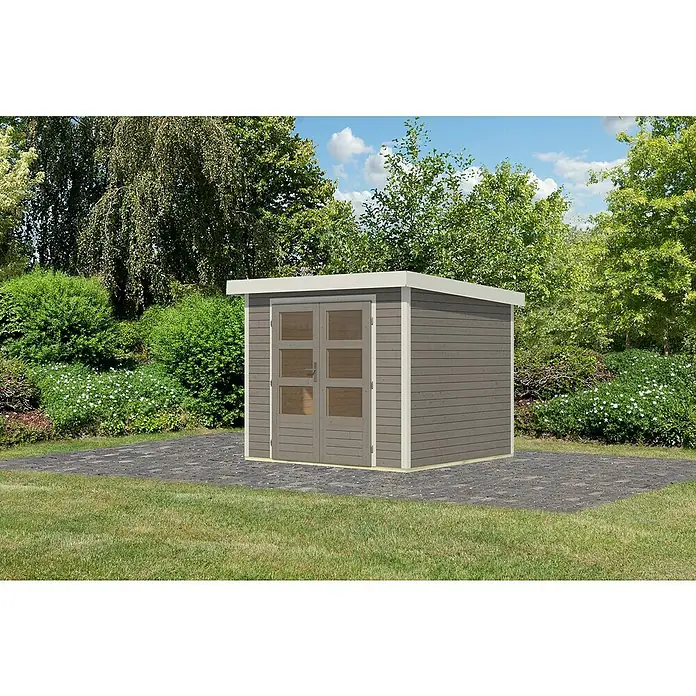 Karibu Gartenhaus Jupiter 3 D - Außenmaß inkl. Dachüberstand (B x T): 266 x 236,5 cm, Holz, Wassergrau/Weiß - Gartenschuppen mit Doppeltüren und Holzverkleidung. Ideal zur Aufbewahrung von Gartengeräten und Werkzeugen im Freien.