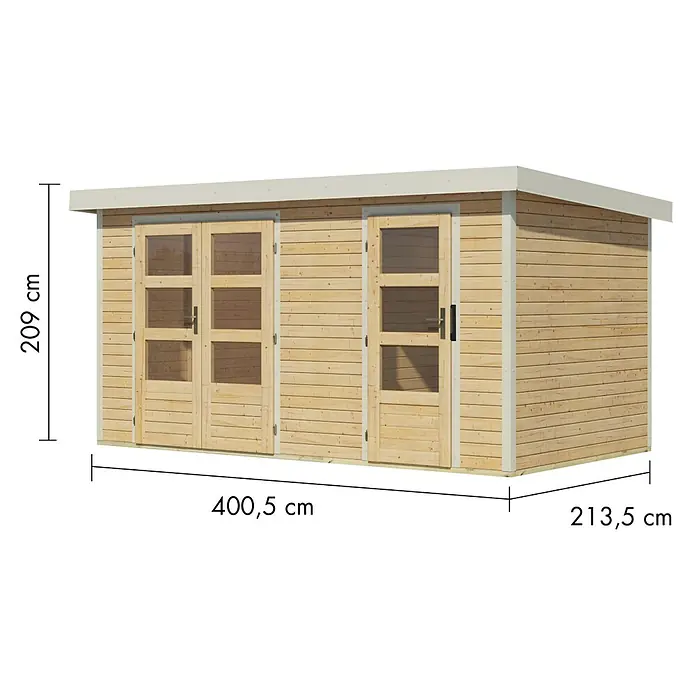 Karibu Gartenhaus Merkur A - Außenmaß inkl. Dachüberstand (B x T): 431,5 x 235 cm, Holz, Naturbelassen/Weiß - Helles Holzgartenhaus mit Doppel- und Einzeltür, Glaspaneele. Maße: 400,5 cm L, 213,5 cm T, 209 cm H.