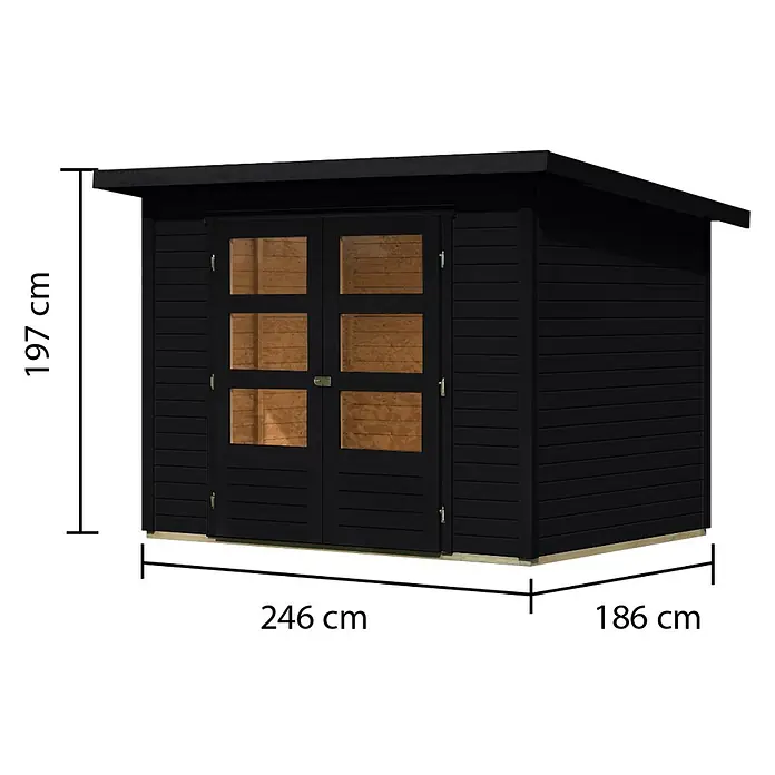 Karibu Gartenhaus Stockach 3 - Außenmaß inkl. Dachüberstand (B x T): 282 x 210 cm, Holz, Schwarz - Schwarzes Gartenhaus mit Doppeltüren, sechs Fensterfeldern. Maße: H 197cm, B 246cm, T 186cm.