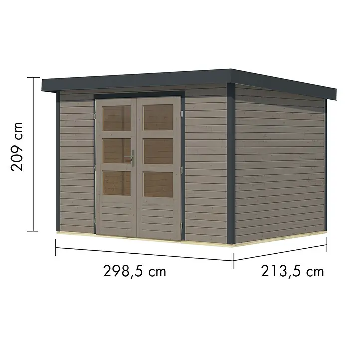 Karibu Gartenhaus Jupiter 4 D - Außenmaß inkl. Dachüberstand (B x T): 322 x 236,5 cm, Holz, Wassergrau/Anthrazit - Hölzerner Gartenpavillon mit Flachdach und Doppeltüren, 209 cm hoch, 298,5 cm breit und 213,5 cm tief.