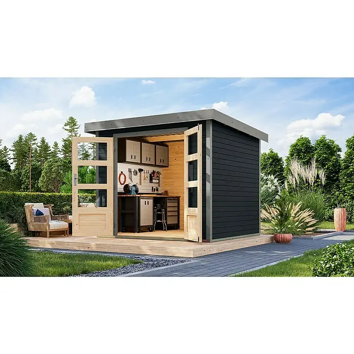 Karibu Gartenhaus Jupiter 3 C - Außenmaß inkl. Dachüberstand (B x T): 266 x 236,5 cm, Holz, Anthrazit/Grau - Diese moderne Gartenlaube mit Werkbank und Regalen ist ideal für Hobbygärtner. Die offenen Türen laden zum Verweilen ein.