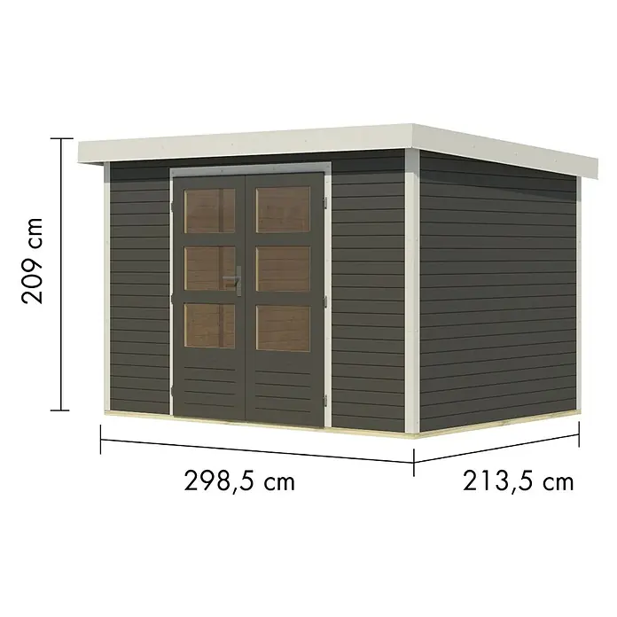 Karibu Gartenhaus Jupiter 4 B - Außenmaß inkl. Dachüberstand (B x T): 322 x 236,5 cm, Holz, Terragrau/Weiß - Dunkelgraues Gartenhaus mit Doppeltür und hellen Zierleisten. Maße: 209x298,5x213,5 cm (HxBxT).