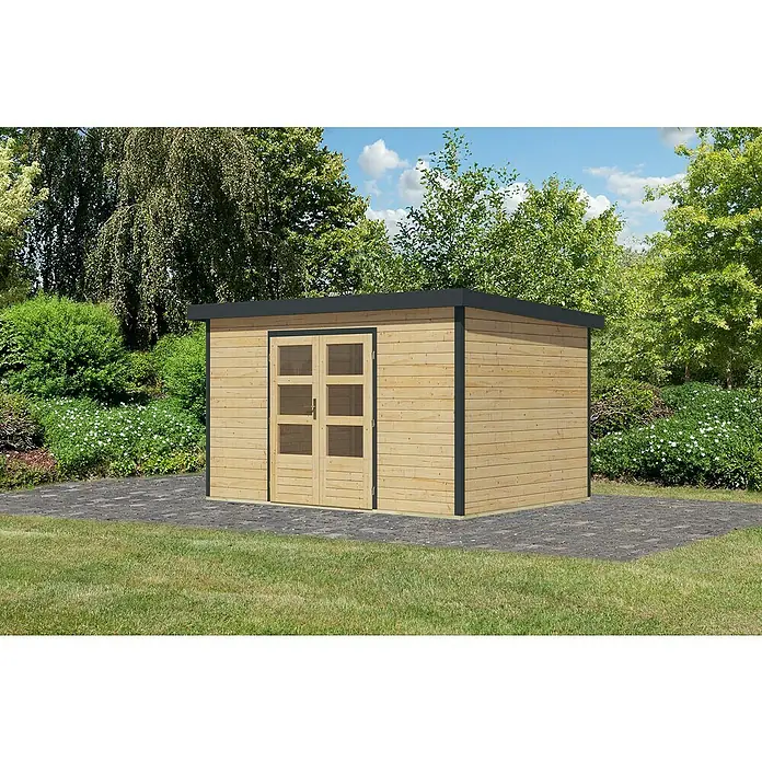 Karibu Gartenhaus Pluto 7 A - Außenmaß inkl. Dachüberstand (B x T): 390 x 273 cm, Holz, Naturbelassen/Anthrazit - Ein modernes Holzgartenhaus mit Flachdach und Doppeltür, ideal für die Aufbewahrung von Gartengeräten. Die solide Bauweise fügt sich harmonisch in den Garten ein.