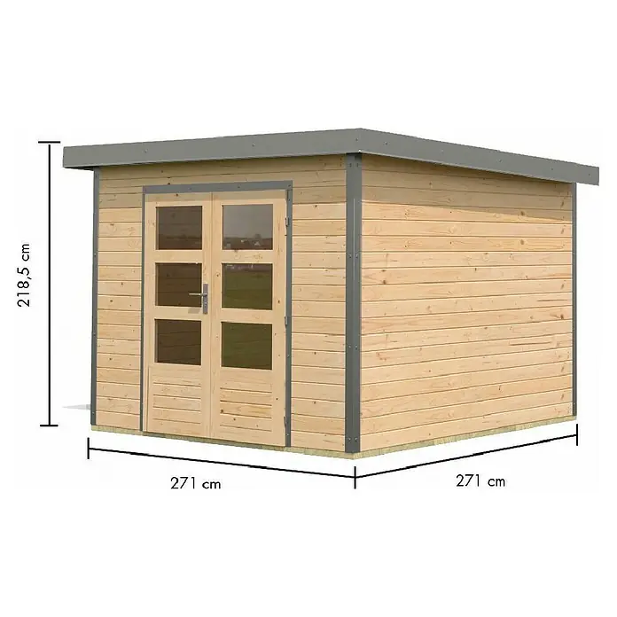 Karibu Gartenhaus Pluto 6 A - Außenmaß inkl. Dachüberstand (B x T): 309 x 292,4 cm, Holz, Naturbelassen/Grau - Gartenhaus aus Holz mit Doppeltür und Fenstern, grauem Dach und Zierleisten. Maße: 218,5 H, 271 B, 271 T cm.