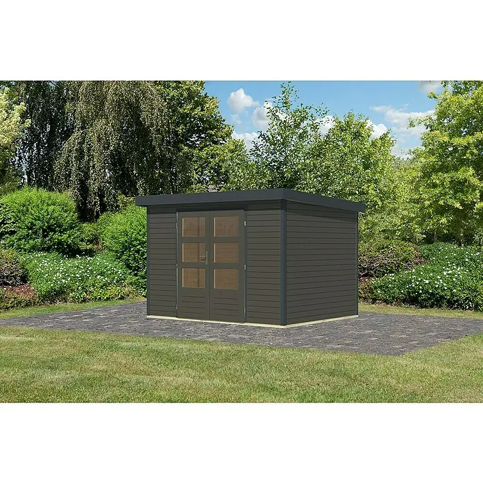 Karibu Gartenhaus Jupiter 4 B - Außenmaß inkl. Dachüberstand (B x T): 322 x 236,5 cm, Holz, Terragrau/Anthrazit - Eine moderne Gartenlaube aus Holz mit einer Doppeltür und einem Flachdach, umgeben von Grün.