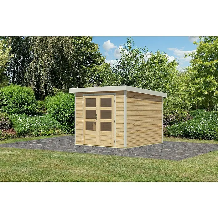 Karibu Gartenhaus Jupiter 3,5 A - Außenmaß inkl. Dachüberstand (B x T): 266 x 266,5 cm, Holz, Naturbelassen/Weiß - Ein modernes Gartenhaus mit Doppeltür und heller Holzverkleidung, ideal für die Aufbewahrung von Gartengeräten und -möbeln.