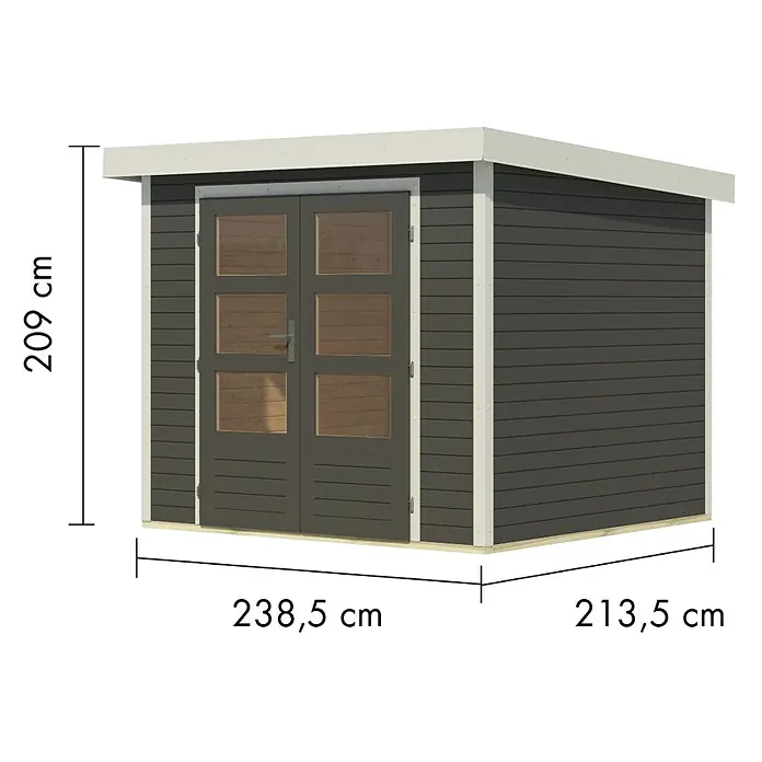 Karibu Gartenhaus Jupiter 3 B - Außenmaß inkl. Dachüberstand (B x T): 266 x 236,5 cm, Holz, Terragrau/Weiß - Dunkelgraues Gartenhaus mit weißen Leisten, Doppeltüren, Fenstern und Flachdach. Abmessungen angegeben.