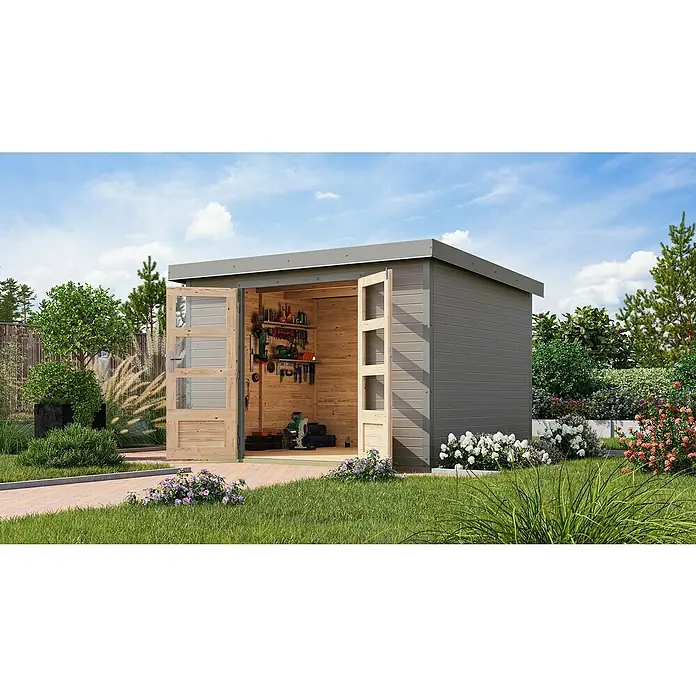 Karibu Gartenhaus Jupiter 5 D - Außenmaß inkl. Dachüberstand (B x T): 320,5 x 266,5 cm, Holz, Wassergrau/Grau - Holzgartenhaus mit Doppeltür und Werkzeugen im Inneren. Das Gartenhaus bietet viel Stauraum und ist ein attraktiver Hingucker im Garten.
