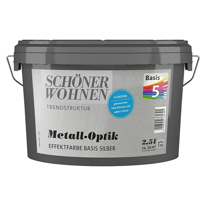 SCHÖNER WOHNEN-Farbe Mix Farbeffektputz Metall-Optik Effektfarbe zum Mischen lassen - Basismischfarbe-Silber, Glänzend, 2,5 l - Abbildung einer Dose "Schöner Wohnen Metall-Optik" Effektfarbe Basis Silber, 2,5l, für glamouröse Oberflächen mit edlem Glanz.