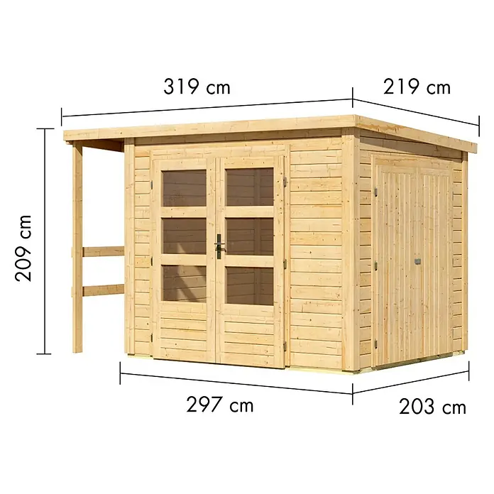 Karibu Gerätehaus Multi - Außenmaß inkl. Dachüberstand (B x T): 319 x 219 cm, Holz, Naturbelassen - Helles Gartenhaus aus Naturholz mit Doppeltüren und seitlichem Anbau, Maße angegeben.