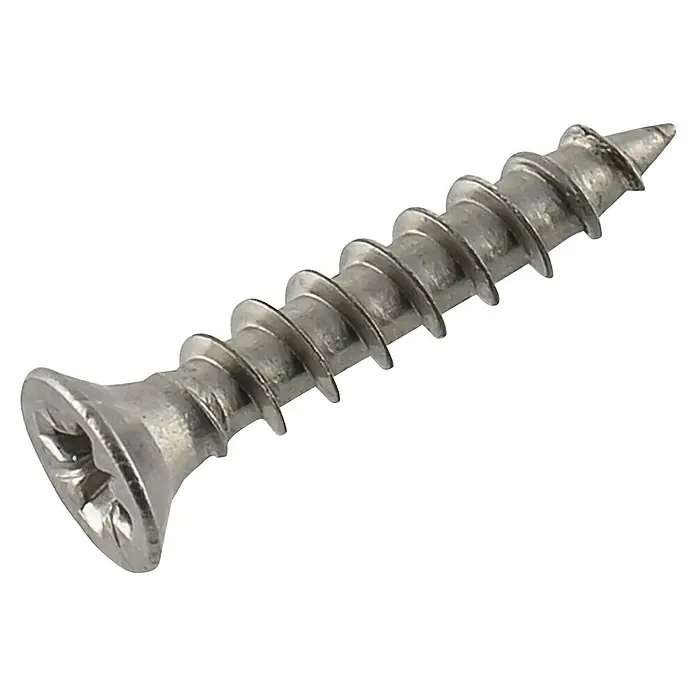 Suki Universalschraube Hospa PZ, Länge 16mm - Ø x L: 2,5 x 16 mm, Vollgewinde, 20 Stk. - Nahaufnahme einer einzelnen silberfarbenen Holzschraube mit Kreuzschlitzkopf und scharfem Gewinde auf schwarzem Hintergrund.