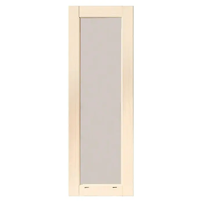 Karibu Gartenhaus-Fenster - Elfenbeinweiß - Nahaufnahme einer Tür mit Holzrahmen und einem schlichten grauen Einsatz, die eine elegante und minimalistische Ästhetik bietet.