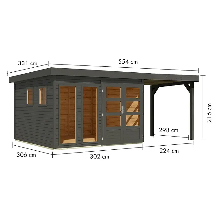 Karibu Gartenhaus Lahar 6 - Außenmaß inkl. Dachüberstand (B x T): 554 x 331 cm, Holz, Terragrau, Mit Seitendach - Dunkelgraues Holzgartenhaus mit integriertem Carport sowie mehreren Fenstern und Türen.