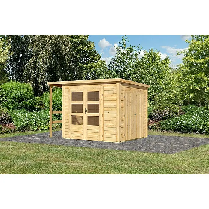 Karibu Gerätehaus Multi - Außenmaß inkl. Dachüberstand (B x T): 319 x 219 cm, Holz, Naturbelassen - Gartenschuppen aus Holz mit Doppeltür und kleinem Vordach, ideal zur Aufbewahrung von Gartengeräten und -möbeln im Freien.