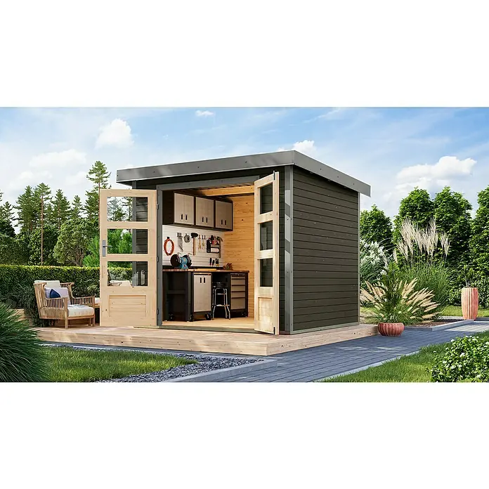 Karibu Gartenhaus Jupiter 3 B - Außenmaß inkl. Dachüberstand (B x T): 266 x 236,5 cm, Holz, Terragrau/Grau - Geräumiges Gartenhaus mit Werkbank, Regalen und Werkzeugaufhängung bietet viel Platz für Hobby und Handwerk im Freien.