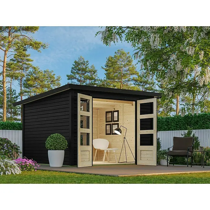 Karibu Gartenhaus Stockach 4 - Außenmaß inkl. Dachüberstand (B x T): 282 x 282 cm, Holz, Schwarz - Dieses Bild zeigt ein modernes Gartenhaus mit Doppeltüren, das einen hellen und einladenden Innenraum offenbart, ideal für Entspannung.