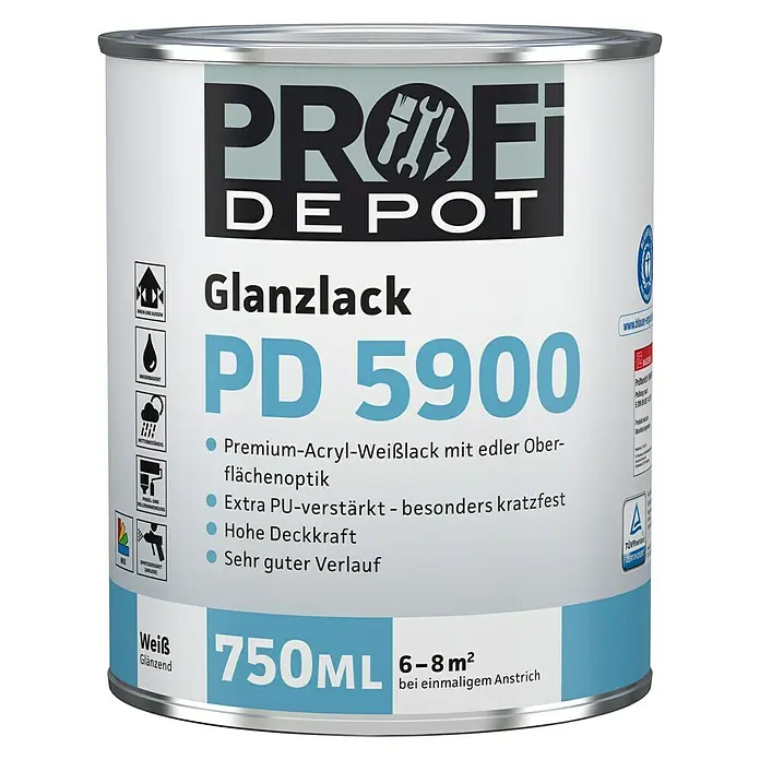 Profi Depot PD Weißlack Glanzlack PD 5900 - Weiß, Glänzend, 750 ml, Wasserbasiert - Dose Profi Depot PD 5900 Glanzlack: Premium Acryl-Weißlack mit edler Oberfläche, extra PU-verstärkt, hohe Deckkraft, sehr guter Verlauf.