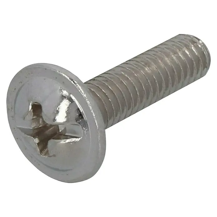 Suki Gewindeschraube - Ø x L: 4 x 15 mm, Stahl, Tellerkopf, Kreuzschlitz PZ 2 - Nahaufnahme einer silbernen Senkkopfschraube mit Kreuzschlitz, die Details und Konstruktion des Befestigungselements hervorhebt.