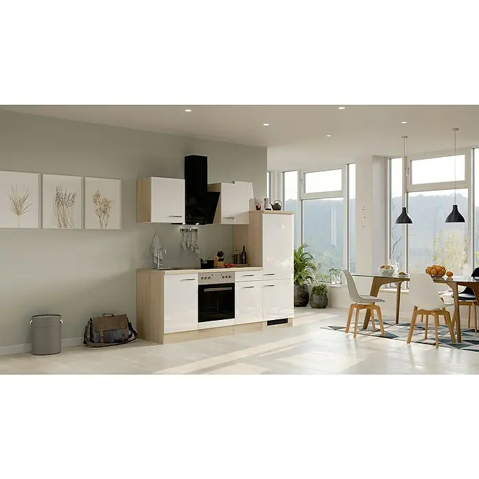 Flex-Well Valero Küchenzeile Typ 3 - Breite: 220 cm, Weiß, Mit Elektrogeräten - Moderne Küche mit weißen Schränken, schwarzen Akzenten und Essbereich mit Esstisch und Stühlen. Helle und freundliche Atmosphäre.