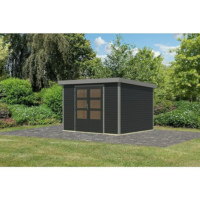 Karibu Gartenhaus Jupiter 5 C - Außenmaß inkl. Dachüberstand (B x T): 320,5 x 266,5 cm, Holz, Anthrazit/Grau - Ein modernes Gartenhaus in Anthrazit mit Doppeltür und grauem Dach, eingebettet in eine grüne Gartenlandschaft.