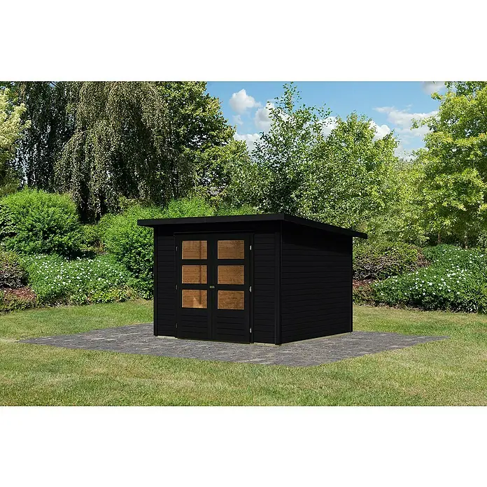 Karibu Gartenhaus Stockach 4 - Außenmaß inkl. Dachüberstand (B x T): 282 x 282 cm, Holz, Schwarz - Schwarzes Gartenhaus mit Doppeltür und Holzfenstern. Perfekt für die Gartenaufbewahrung und Geräte. Modernes Design mit Flachdach.