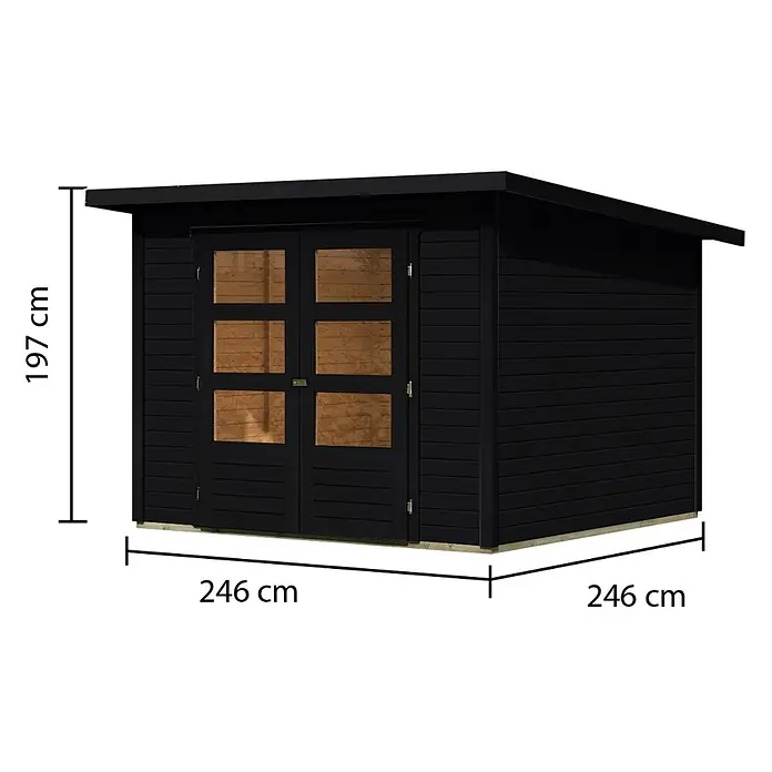 Karibu Gartenhaus Stockach 4 - Außenmaß inkl. Dachüberstand (B x T): 282 x 282 cm, Holz, Schwarz - Schwarzes Gartenhaus mit Doppeltür und Fenstern, Flachdach, 197 cm hoch und 246 cm breit.
