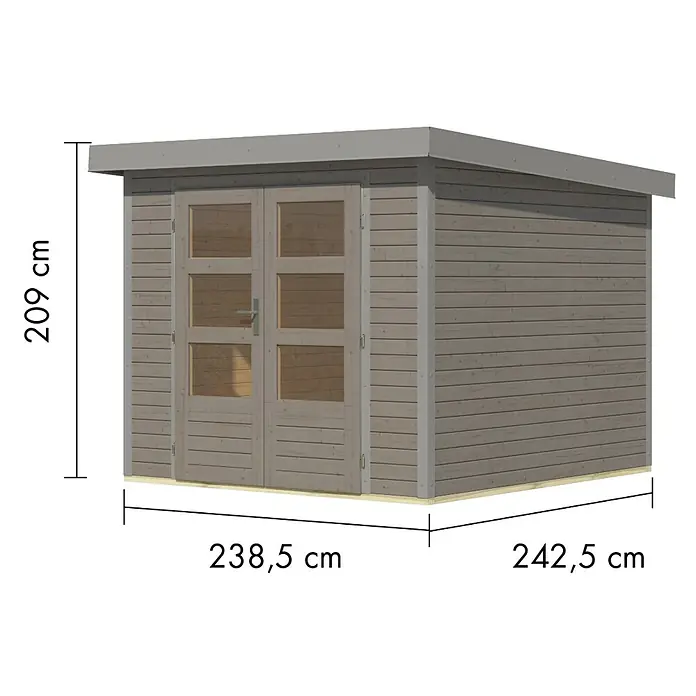 Karibu Gartenhaus Jupiter 3,5 D - Außenmaß inkl. Dachüberstand (B x T): 266 x 266,5 cm, Holz, Wassergrau/Grau - Hellbraunes Gartenhaus aus Holz mit Doppeltüren, 209 cm hoch, 238,5 cm breit und 242,5 cm tief.