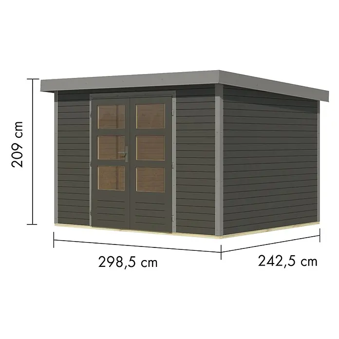 Karibu Gartenhaus Jupiter 5 B - Außenmaß inkl. Dachüberstand (B x T): 320,5 x 266,5 cm, Holz, Terragrau/Grau - Dunkelgraues Gartenhaus aus Holz mit hellem Dach und Doppeltüren. Maße: 209x298,5x242,5 cm.