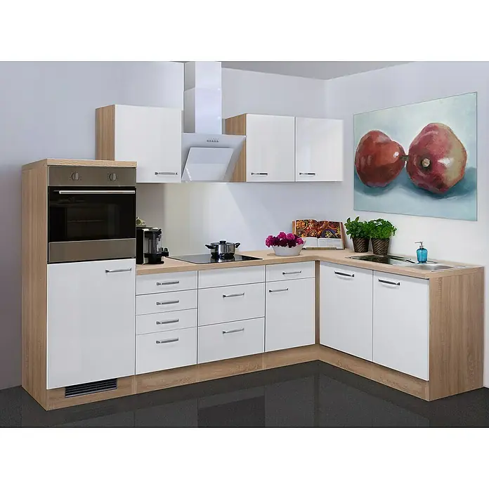 Flex-Well Valero Winkelküche - 170 x 280 cm, Weiß, Mit Elektrogeräten - Moderne Küche mit weißen Schränken und Holzakzenten, inklusive Einbaubackofen und Kochfeld. Einladendes Küchendesign für stilvolles Kochen.