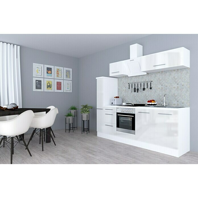 Respekta Premium Composición de cocina (Ancho: 240 cm, Con dispositivos eléctricos, Blanco de alto brillo)