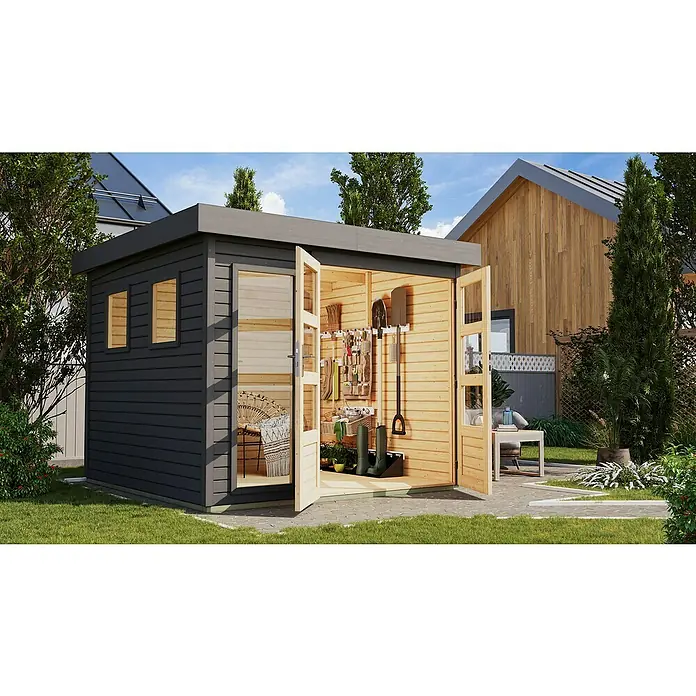 Karibu Gartenhaus Lahar - Außenmaß inkl. Dachüberstand (B x T): 266 x 262 cm, Holz, Terragrau, Ohne Seitendach - Ein geräumiges, dunkelgraues Gartenhaus mit Doppeltüren bietet viel Stauraum für Gartengeräte und mehr. Ideal für Ordnung im Garten.